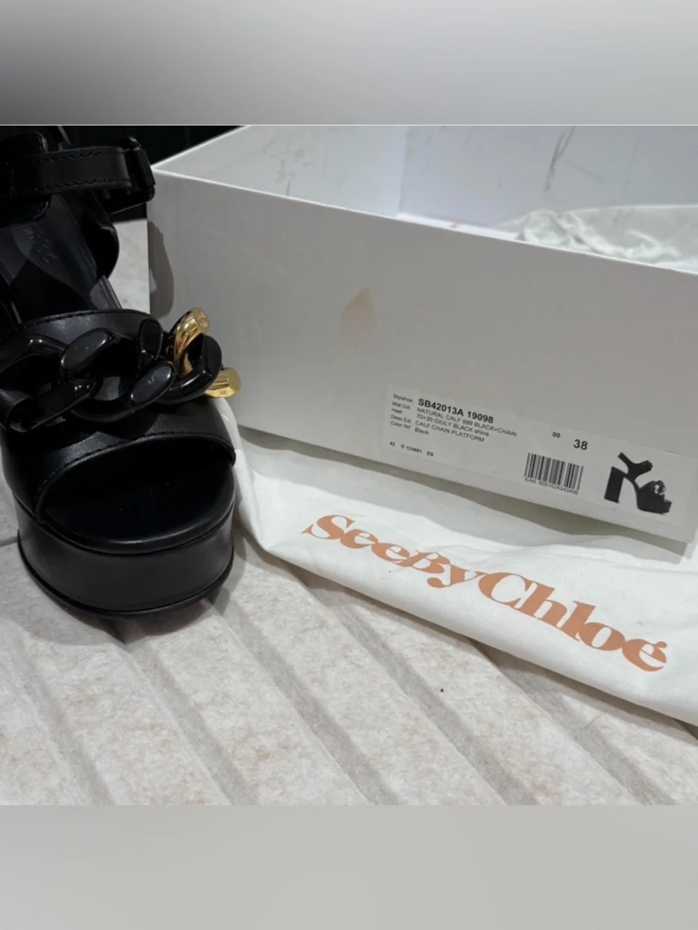 See By Chloe Black Leather Platform Sandals with Gold Accent